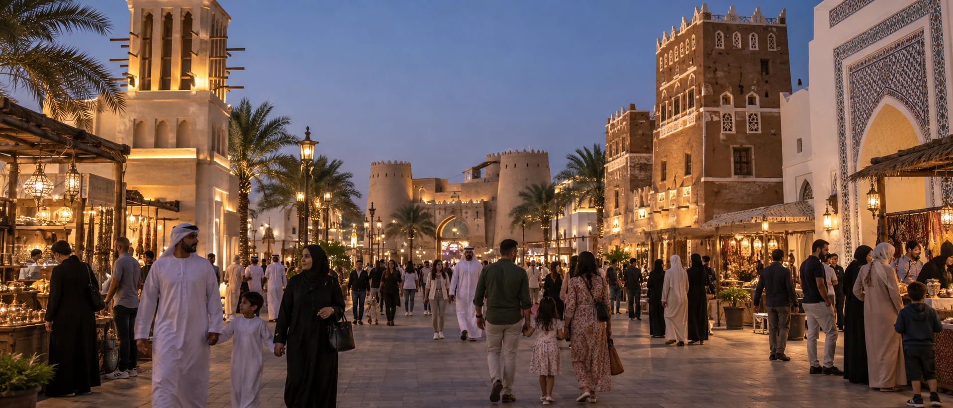 عائلات تتجول ليلاً بين أجنحة مستوحاة من العمارة العربية في القرية العالمية بدبي