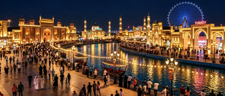 عائلات تنتقل بين أجنحة مستوحاة من ثقافات آسيا في القرية العالمية بدبي ليلاً