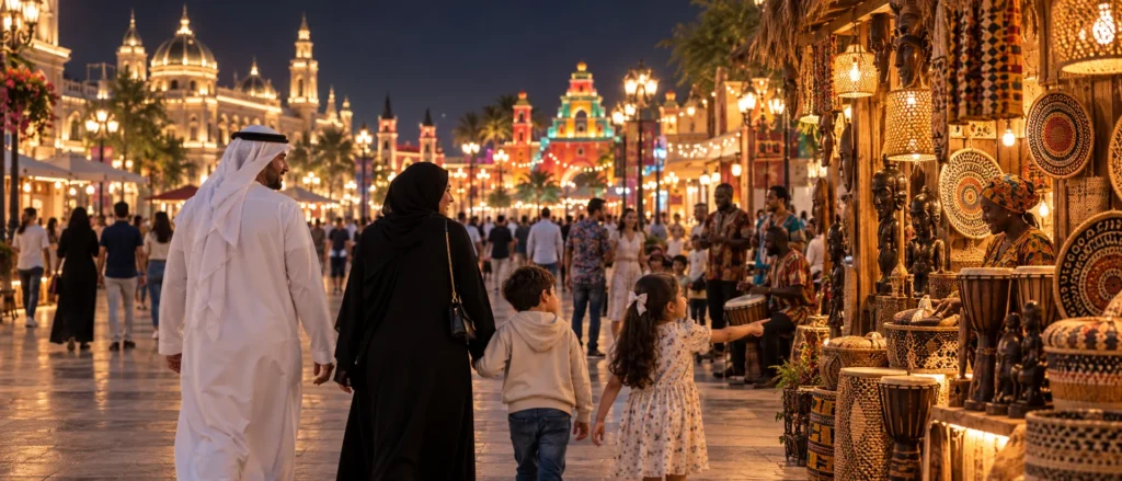 عائلة عربية تتجول بين مناطق مستوحاة من أفريقيا وأوروبا والأميركيتين في القرية العالمية بدبي ليلاً