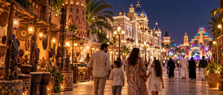 Family walking between Africa, Europe and Americas inspired pavilion zones at Global Village Dubai at night