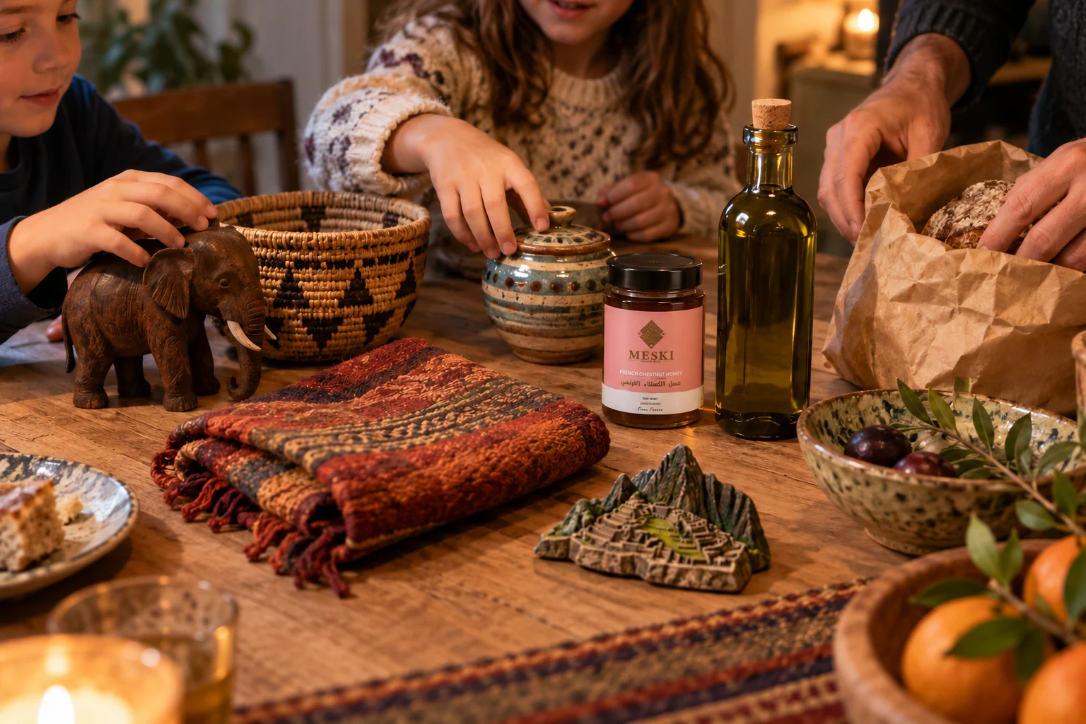 Family table with small cultural gifts, honey, olive oil, woven basket and travel objects after a Global Village evening