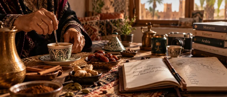 مشهد شخصي دافئ لقهوة مغربية بالتوابل في بيت عائلي مع خريطة سفر وقهوة فيتنامية بالخلفية