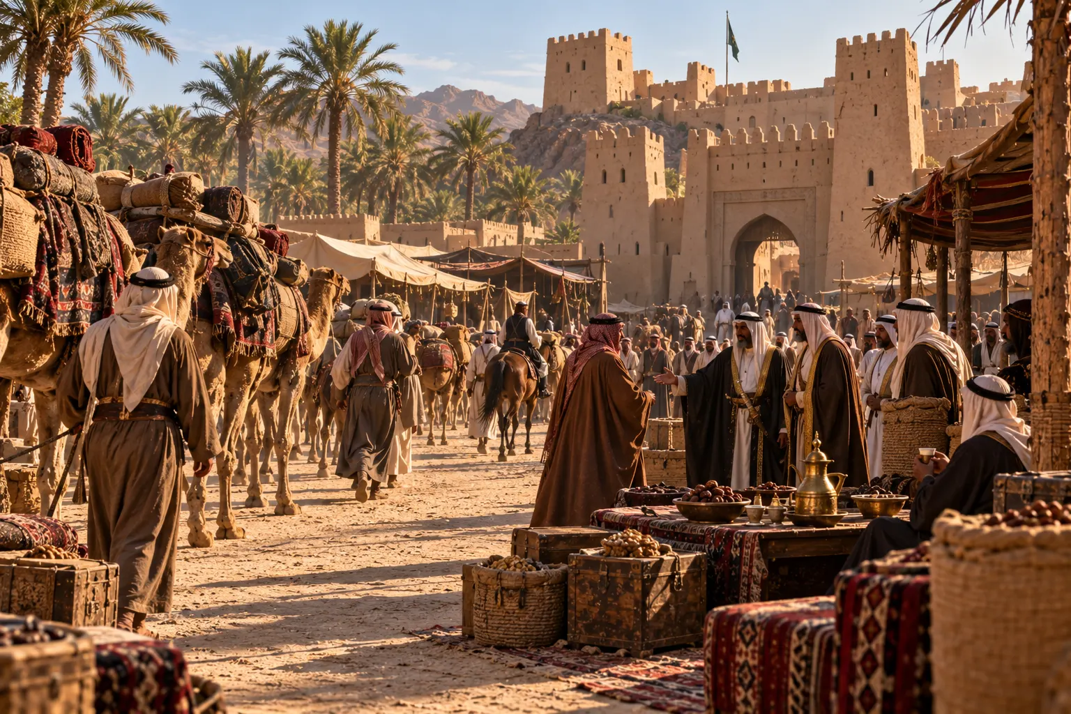 Documentary reconstruction of a Rashidi-era caravan arrival in Ha’il near a fort and oasis market