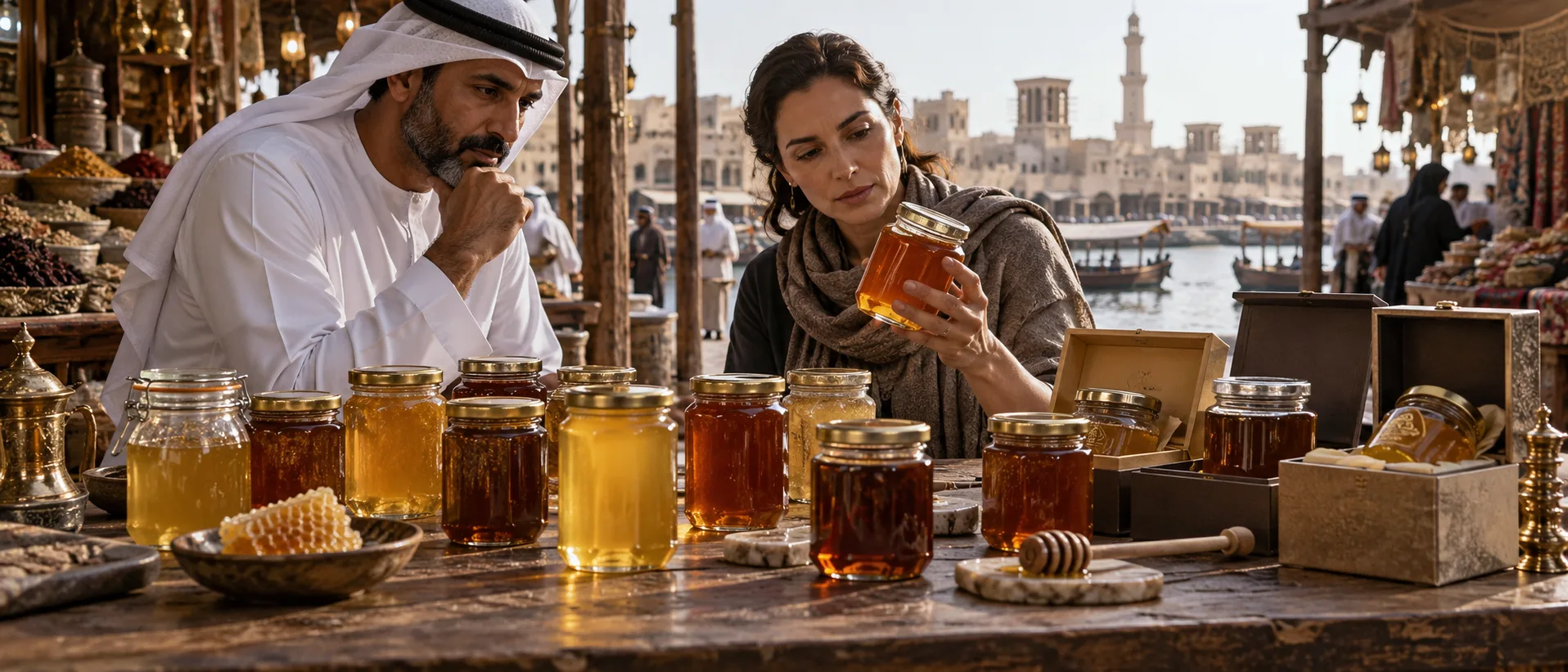 جرار عسل غير معنونة بين سوق دبي التقليدي وتغليف هدايا راق