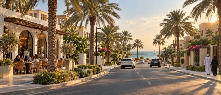 Driving through Jumeirah Dubai with low-rise villas, palms, cafés and glimpses of the sea along Jumeirah Road