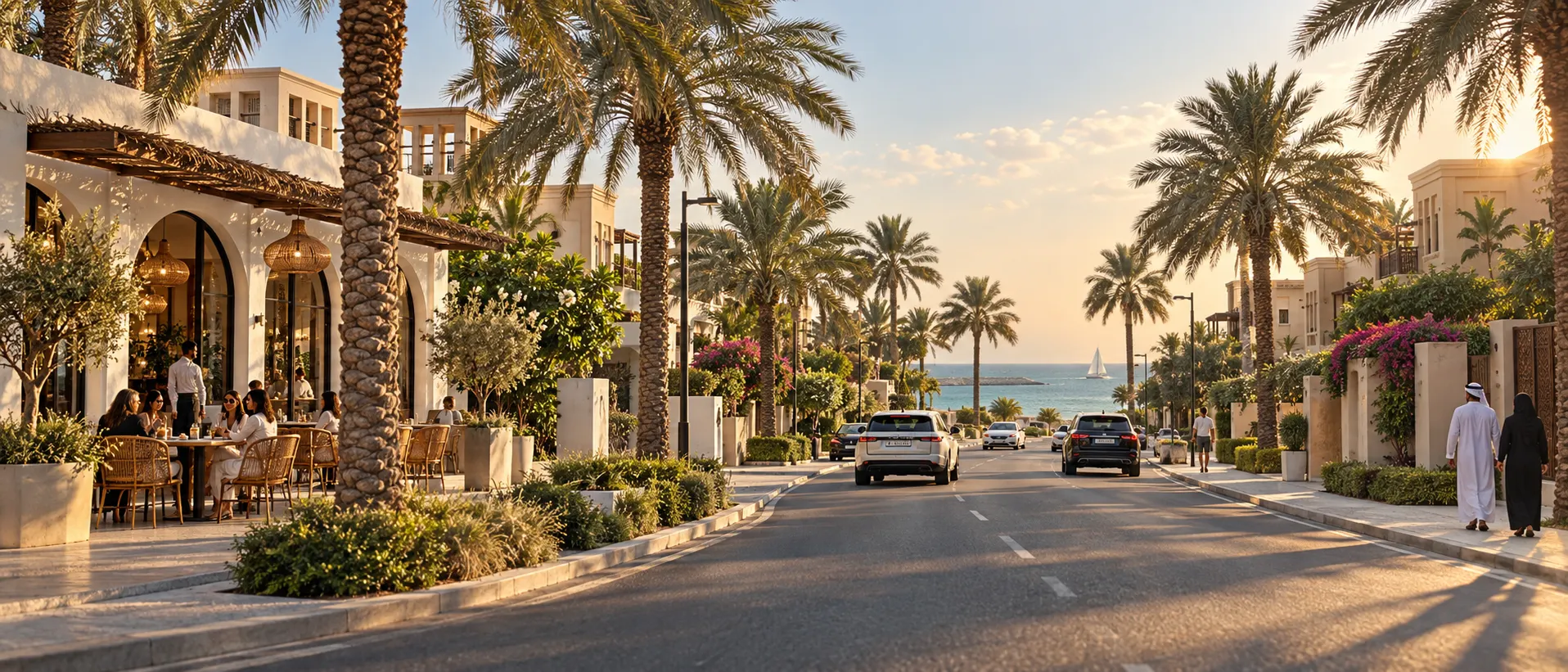 Driving through Jumeirah Dubai with low-rise villas, palms, cafés and glimpses of the sea along Jumeirah Road