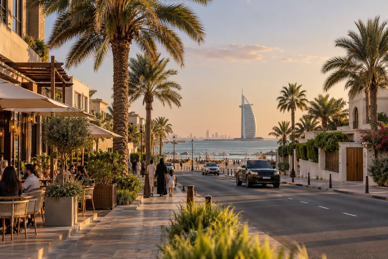 Jumeirah Road in Dubai with villas, roadside cafés, palm trees and a calm glimpse of the beach