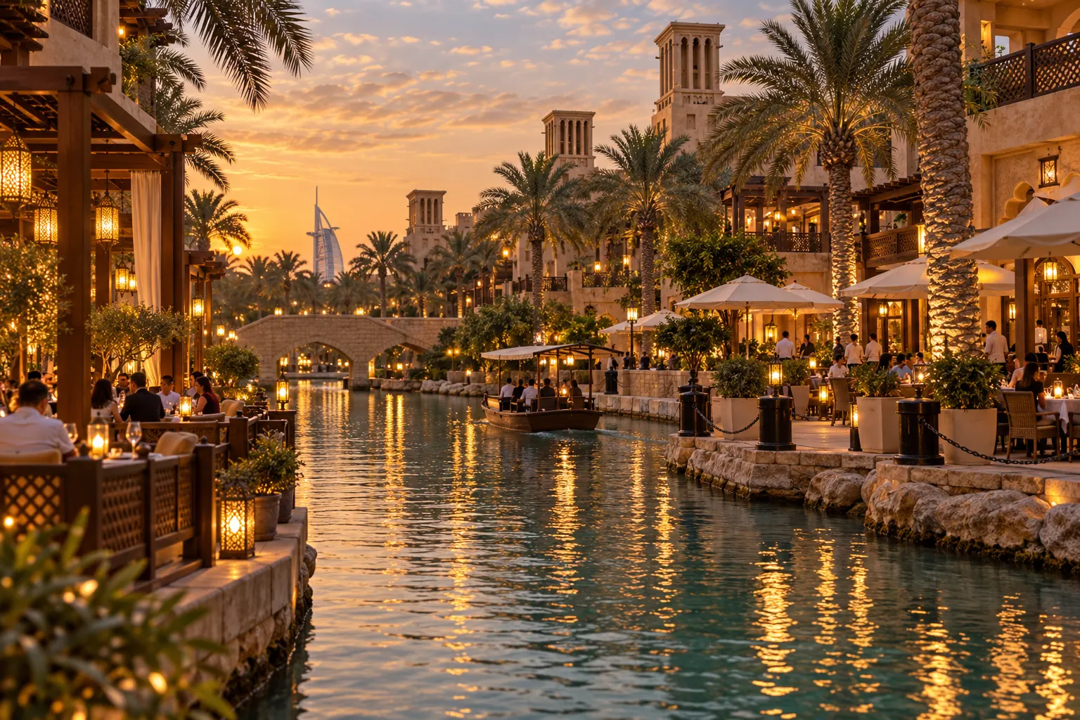 Madinat Jumeirah canals and restaurant terraces in the evening with traditional-inspired architecture and warm lights