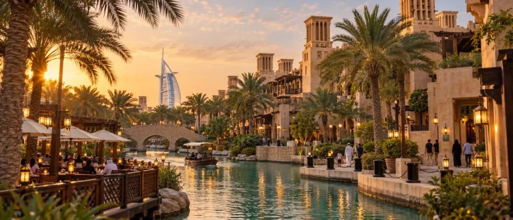 Souk Madinat Jumeirah at golden hour with Arabian architecture, waterways and Burj Al Arab visible beyond