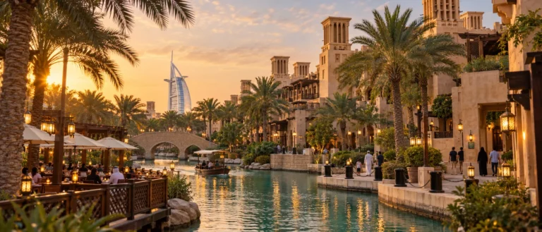 Souk Madinat Jumeirah at golden hour with Arabian architecture, waterways and Burj Al Arab visible beyond