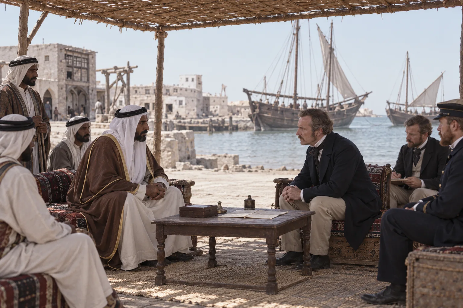 Documentary reconstruction of the 1868 meeting between Mohammed bin Thani and Lewis Pelly on the Gulf coast without invented readable treaty text