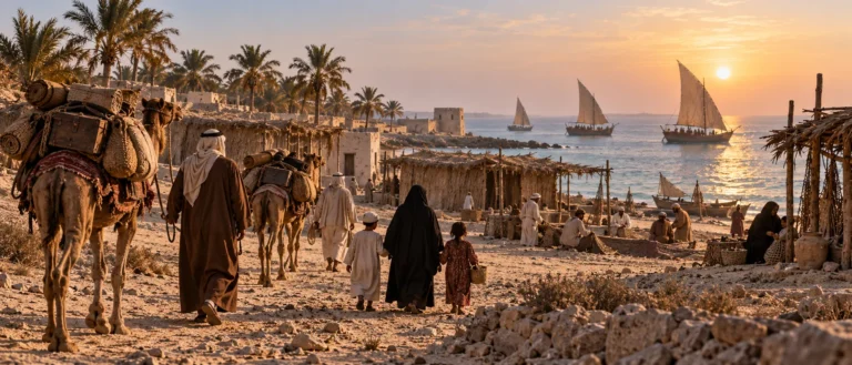 إعادة تصوير تاريخية لفويرط وساحل قطر في أوائل القرن التاسع عشر قبل انتقال محمد بن ثاني إلى الدوحة