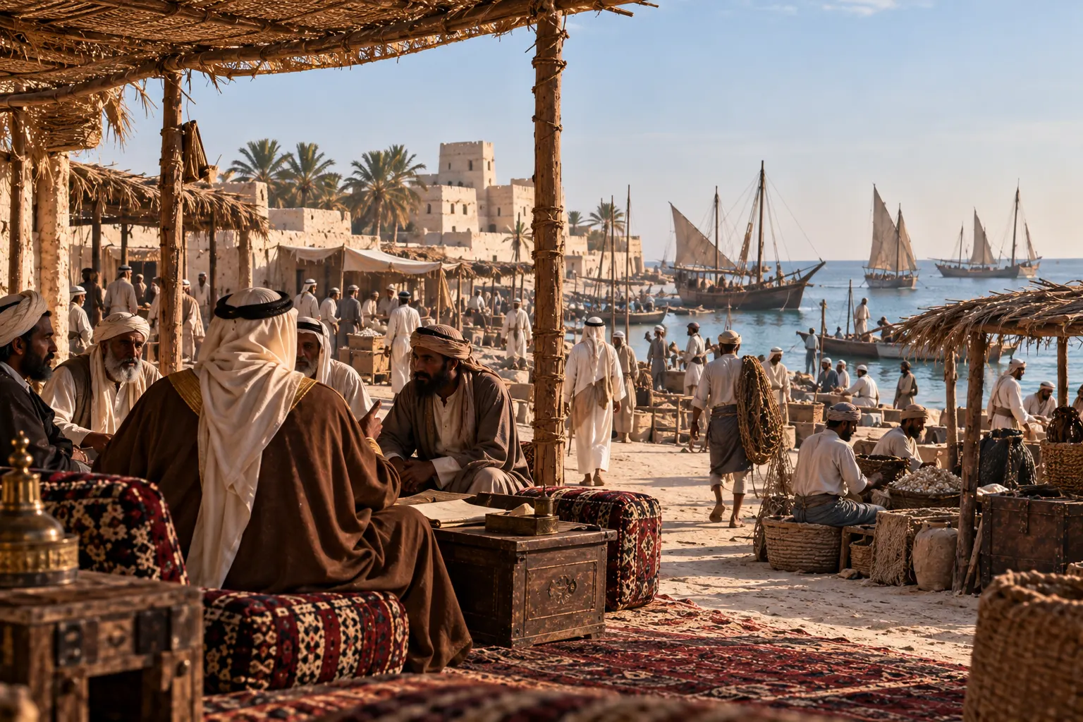 إعادة تصوير وثائقية للدوحة والبدع في منتصف القرن التاسع عشر مع سوق ساحلي وسفن لؤلؤ ومجلس سياسي بسيط