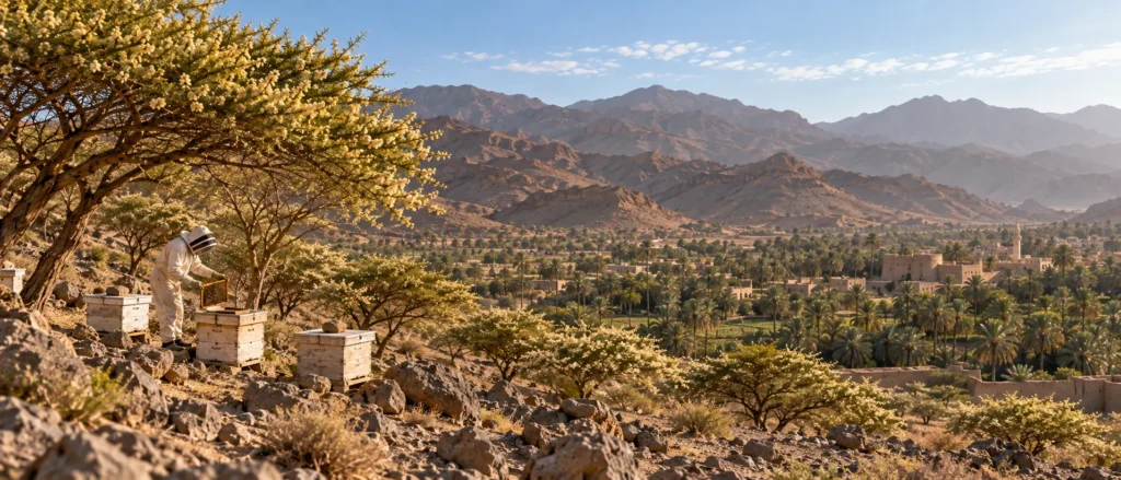 Wild Samar acacia terrain near Nizwa Oman with beekeeper inspecting hives during the spring honey season