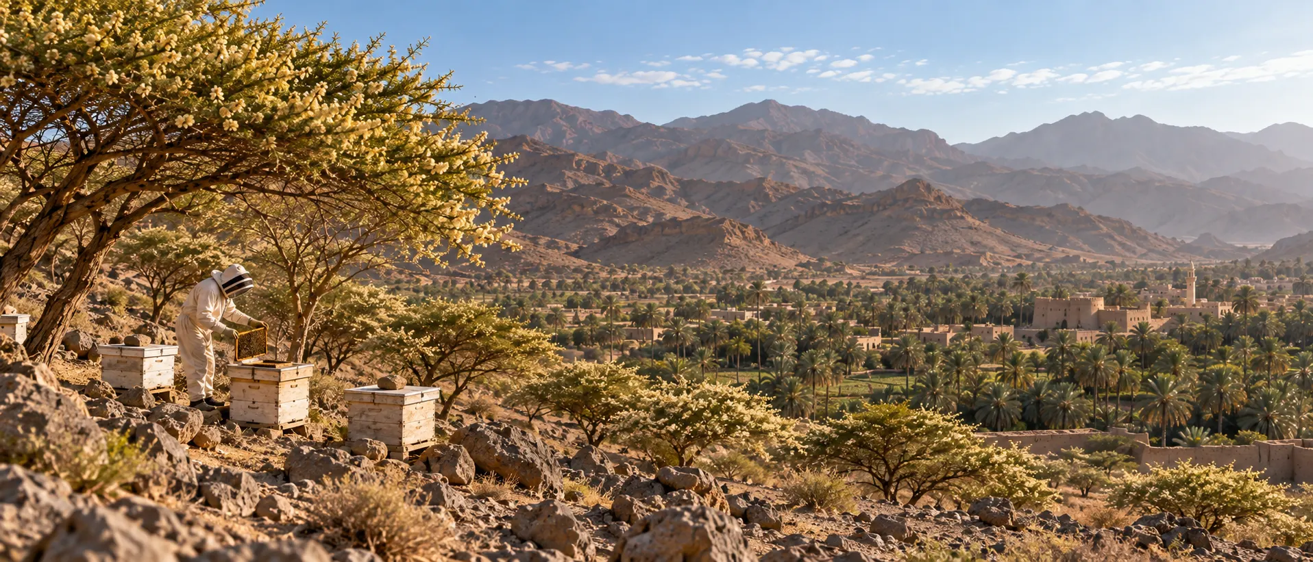 Wild Samar acacia terrain near Nizwa Oman with beekeeper inspecting hives during the spring honey season