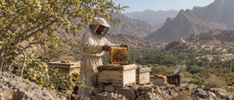 مناحل بين تضاريس نزوى الصخرية في موسم إزهار السمر الربيعي مع نحال يفحص الخلايا