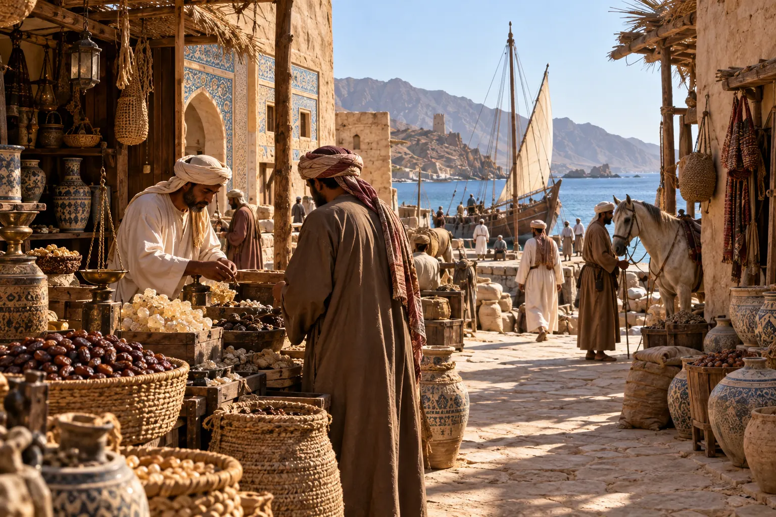 إعادة تصوير وثائقية لميناء قلهات في العصر الوسيط مع سوق بحري بسيط وبضائع وتمور ولبان وسفن قادمة من المحيط الهندي