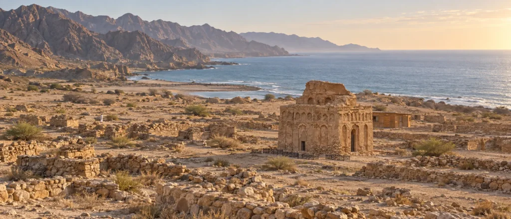 Ancient Qalhat archaeological site on Oman’s east coast between rocky mountains and the sea near Sur