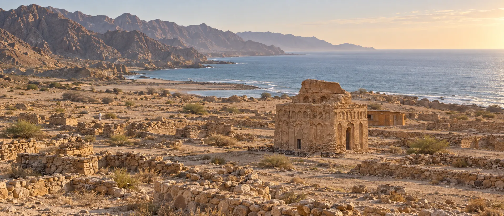 Ancient Qalhat archaeological site on Oman’s east coast between rocky mountains and the sea near Sur