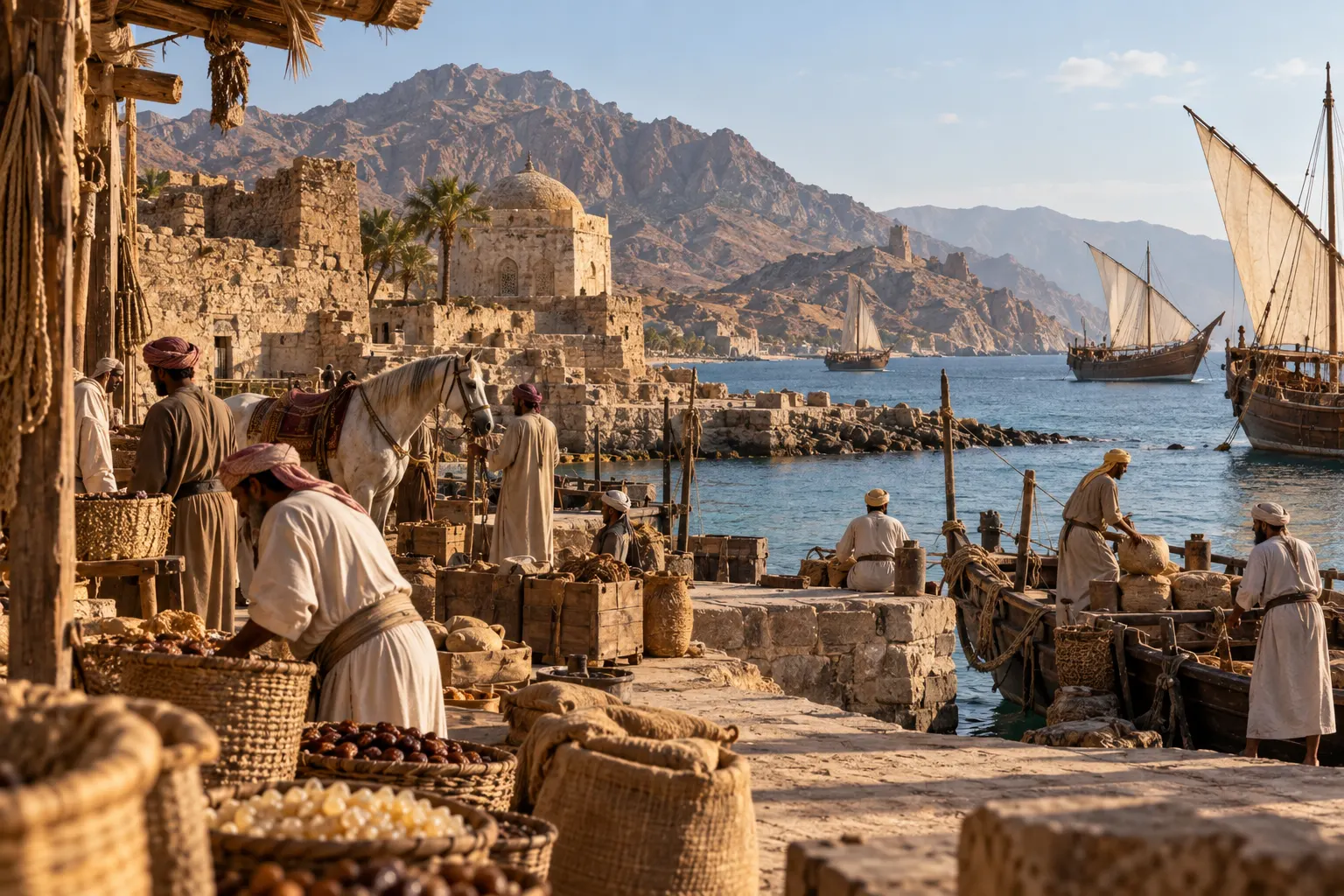 Historically plausible medieval Qalhat harbour with Omani cargo, horses, dates and Indian Ocean merchant vessels shown in documentary reconstruction