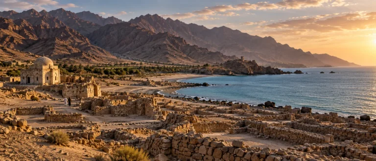 موقع قلهات الأثري على الساحل الشرقي لعمان بين البحر والجبال الصخرية قرب صور