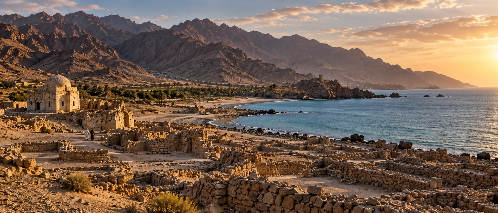 موقع قلهات الأثري على الساحل الشرقي لعمان بين البحر والجبال الصخرية قرب صور