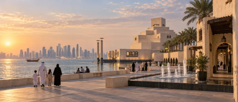 Doha cultural skyline connecting Museum of Islamic Art waterfront architecture with traditional Qatari urban details