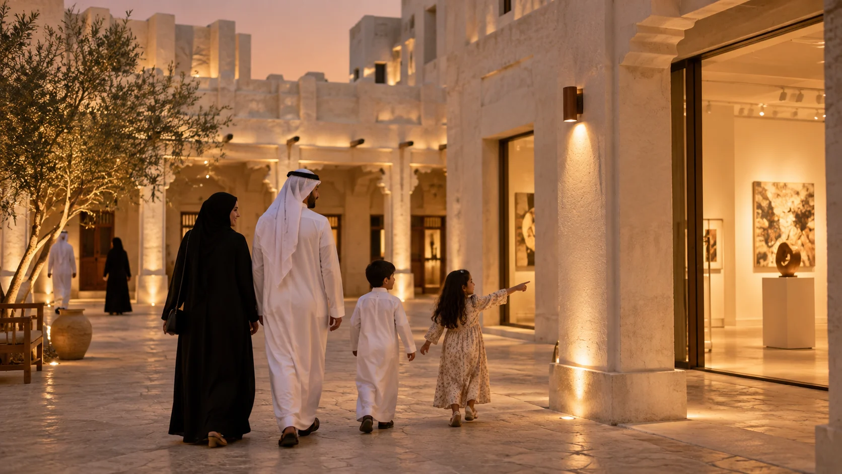 عائلة عربية تتجول بين عمارة مشيرب ومساحة فنية معاصرة في الدوحة في ضوء المساء