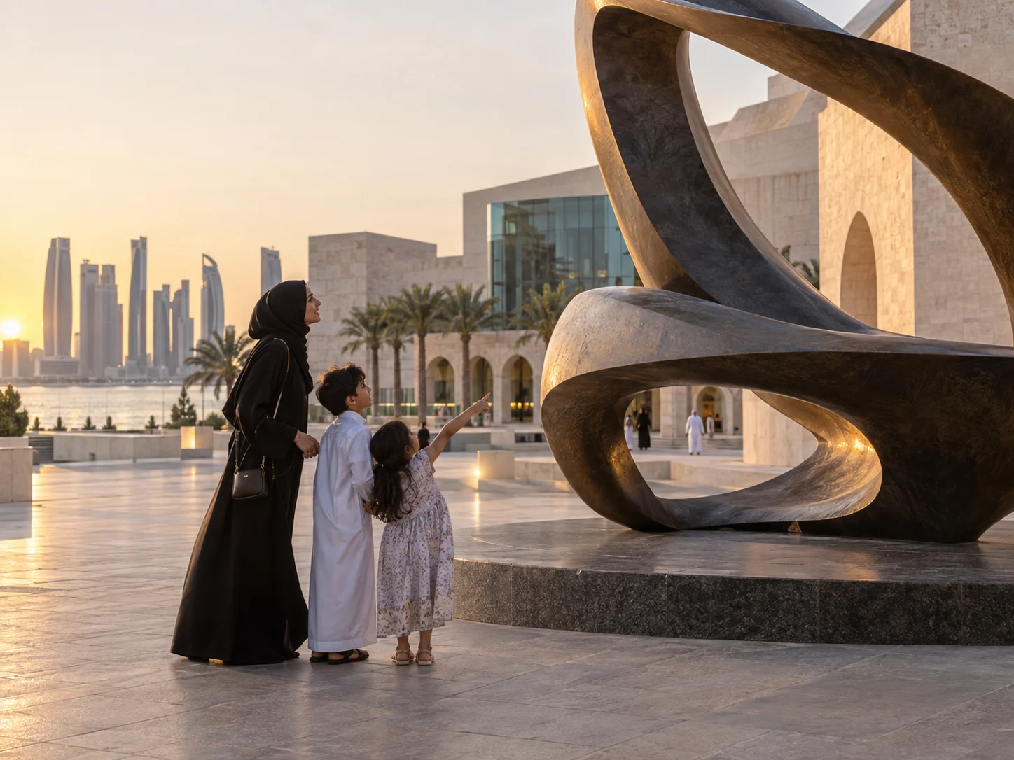 Family viewing contemporary public art in Doha with modern architecture and traditional city textures in the background