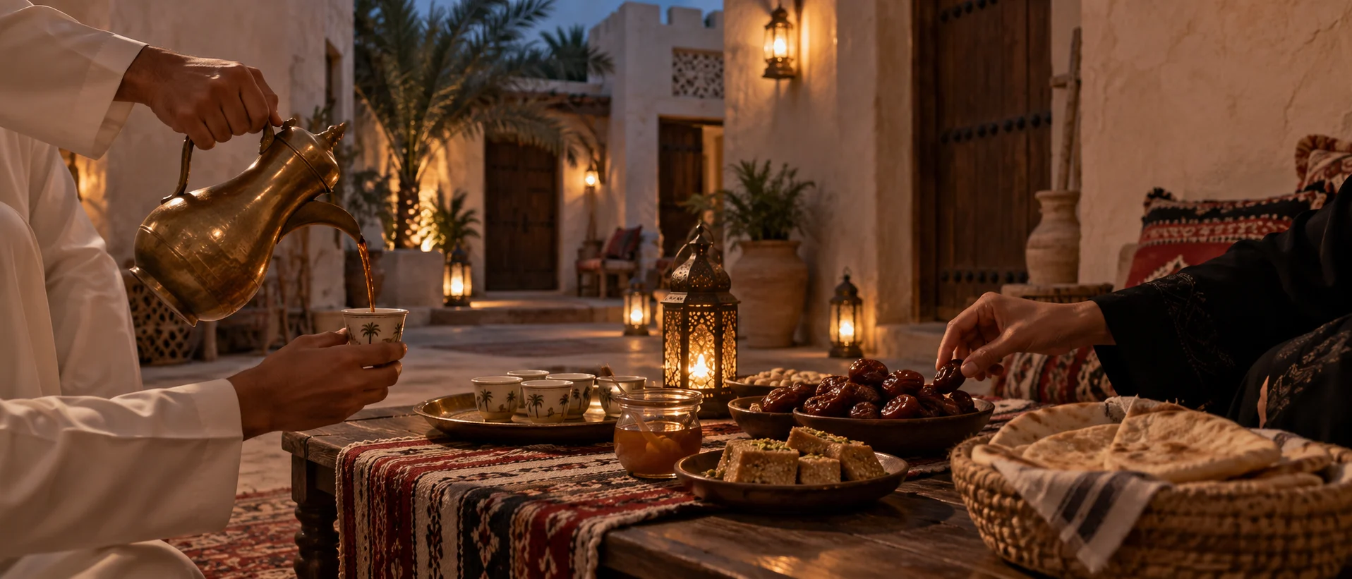 Ramadan 2027 preparation with dates Arabic coffee honey family majlis and a quiet crescent evening
