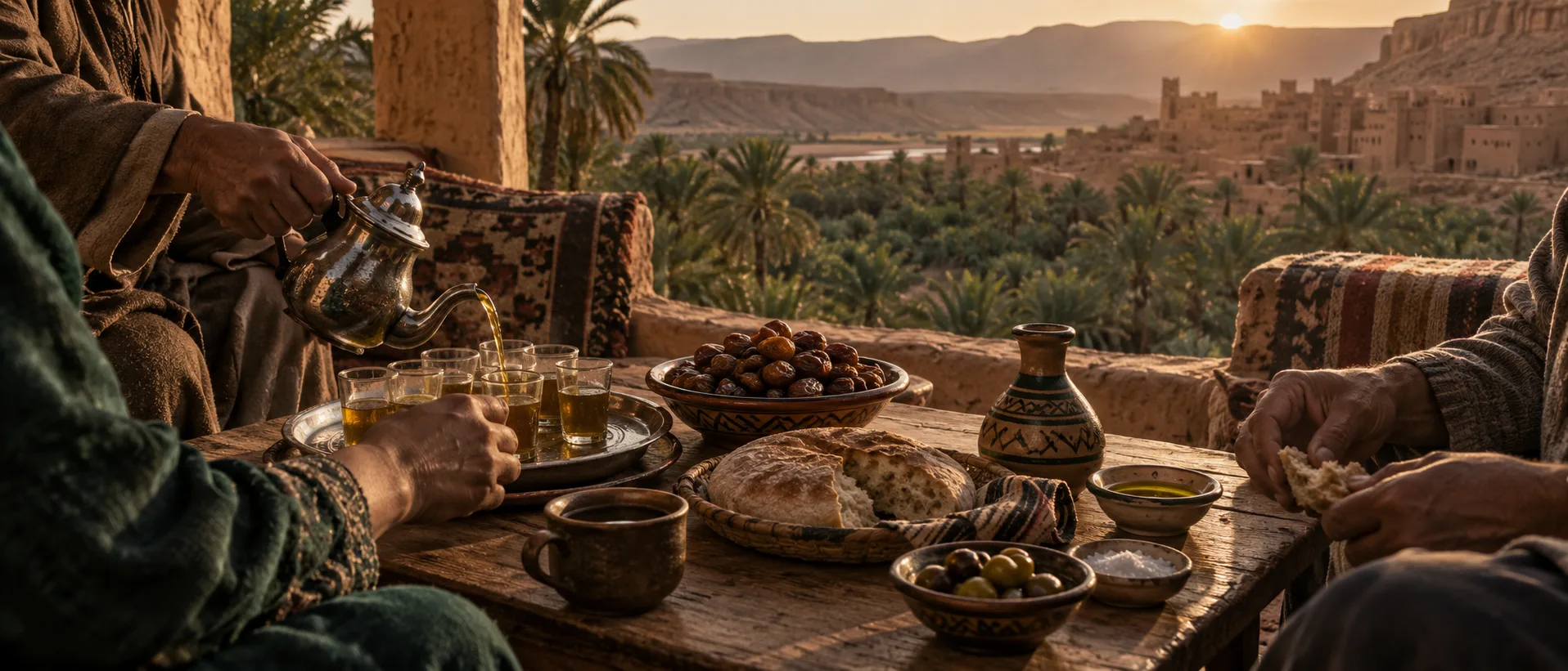 Moroccan family Ramadan preparation with dates and tea overlooking the Ziz oasis