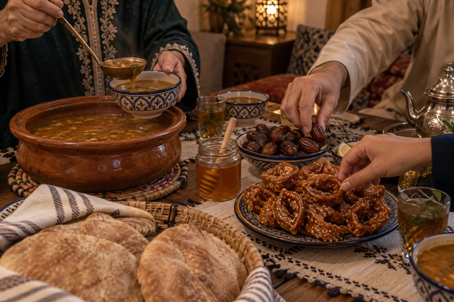 Moroccan Ramadan table with harira chebakia dates bread tea and honey