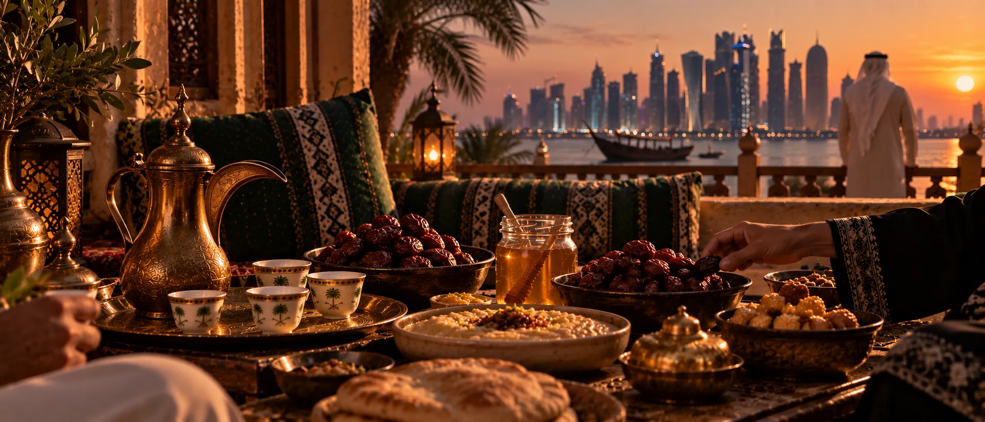 Ramadan 2027 Qatar family iftar in Doha with dates and Arabic coffee