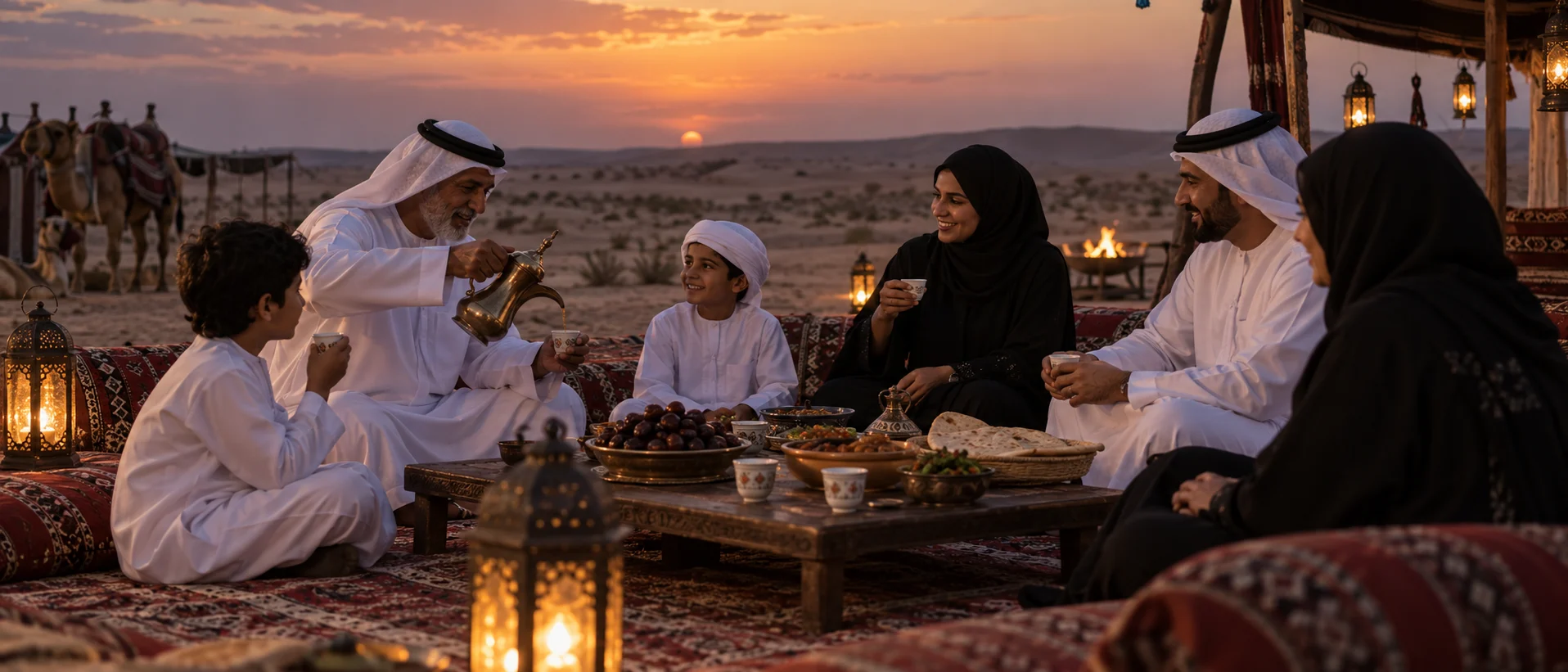 Ramadan 2027 UAE family iftar with Dubai skyline dates and Arabic coffee