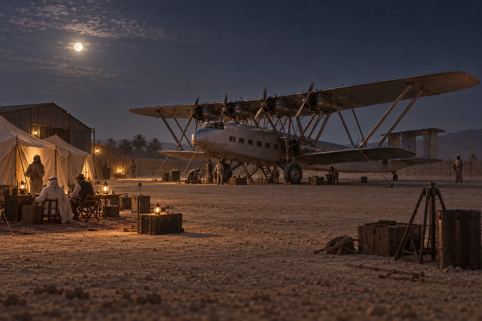 1932 Sharjah air station night stop with passengers near simple tents, guarded hangar and early Imperial Airways aircraft