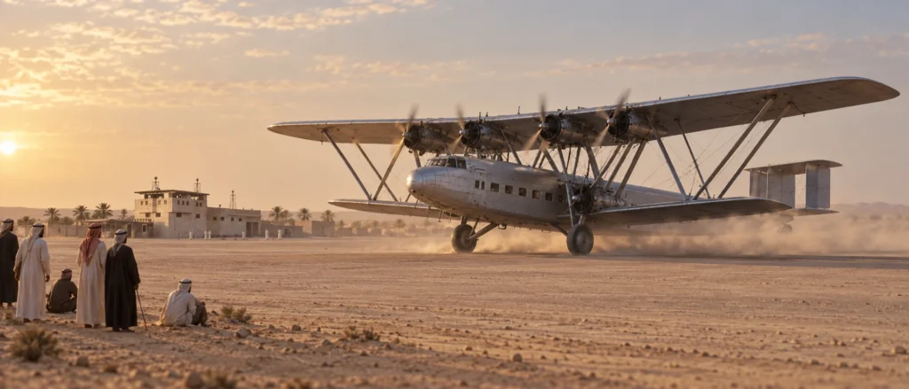 Historically sensitive view of Sharjah Al Mahatta airfield in 1932 with a Handley Page style aircraft arriving over desert terrain