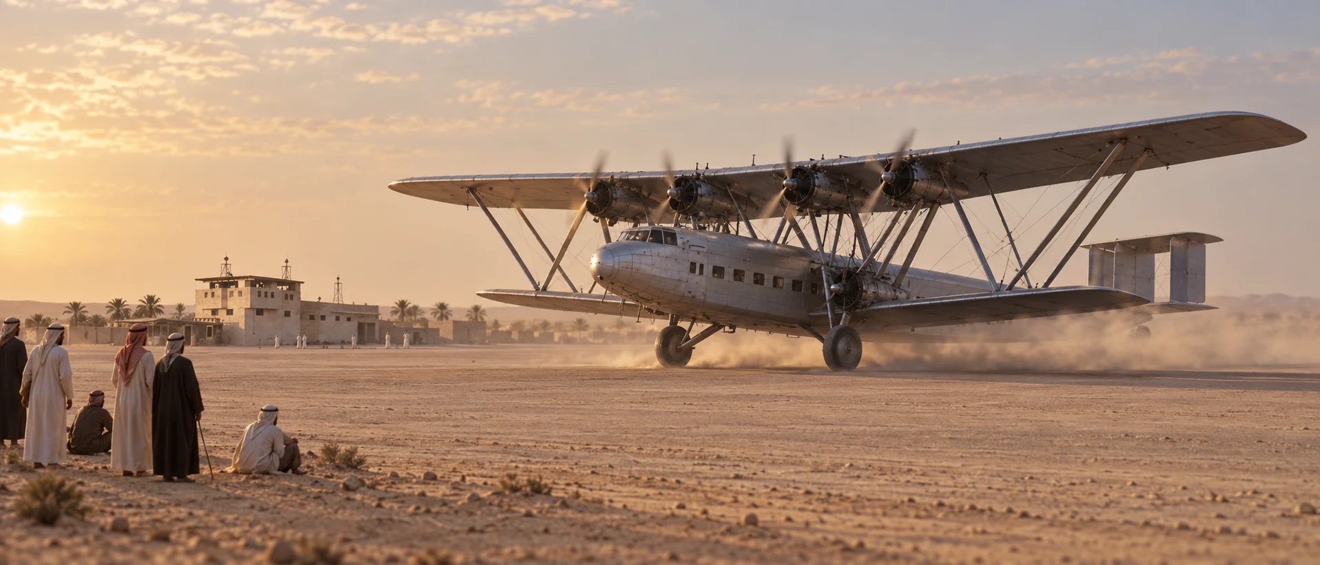 Historically sensitive view of Sharjah Al Mahatta airfield in 1932 with a Handley Page style aircraft arriving over desert terrain