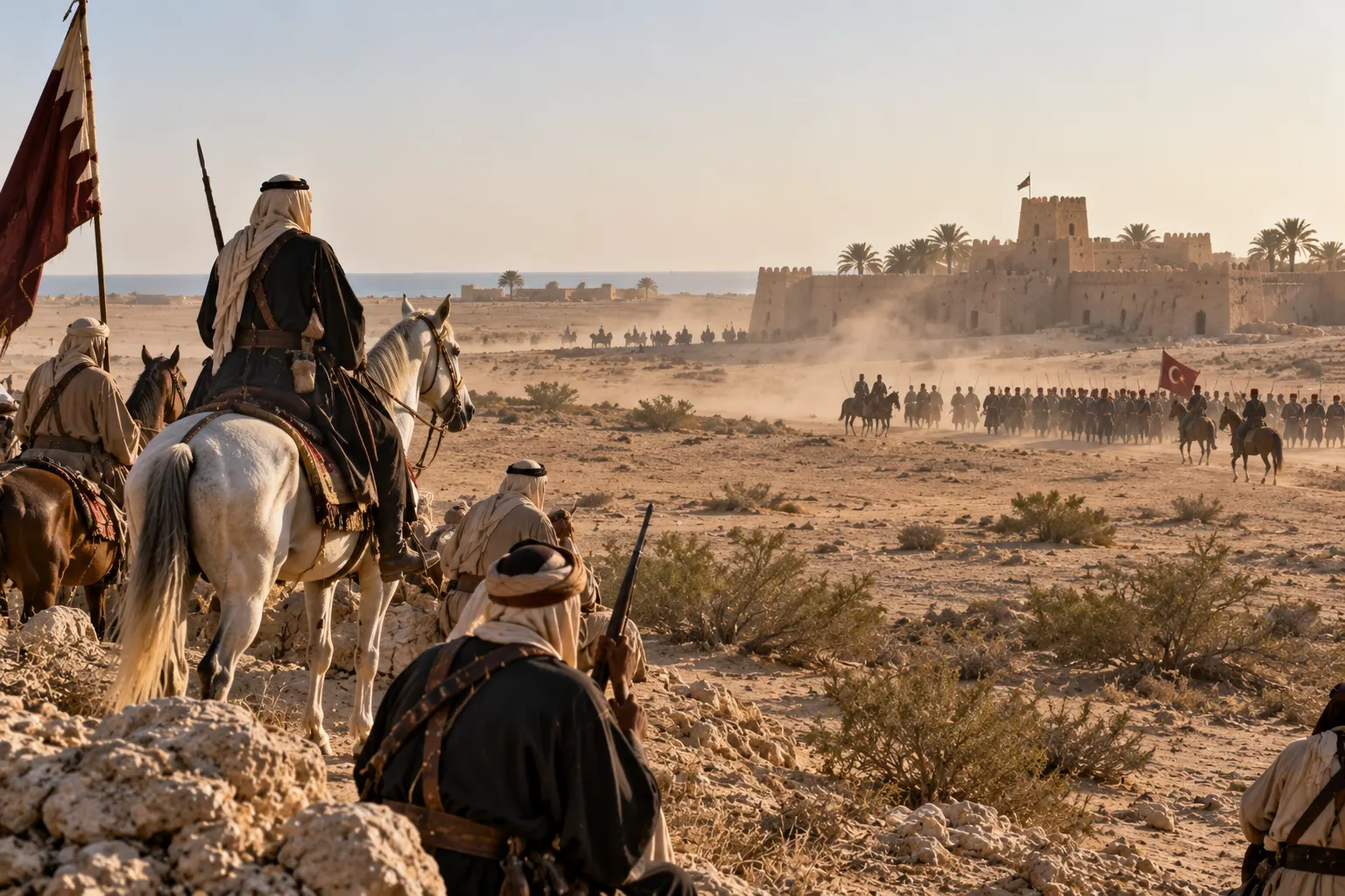 Historically grounded Al Wajbah 1893 landscape with Qatari riders and distant Ottoman force, treated as documentary memory rather than battle spectacle