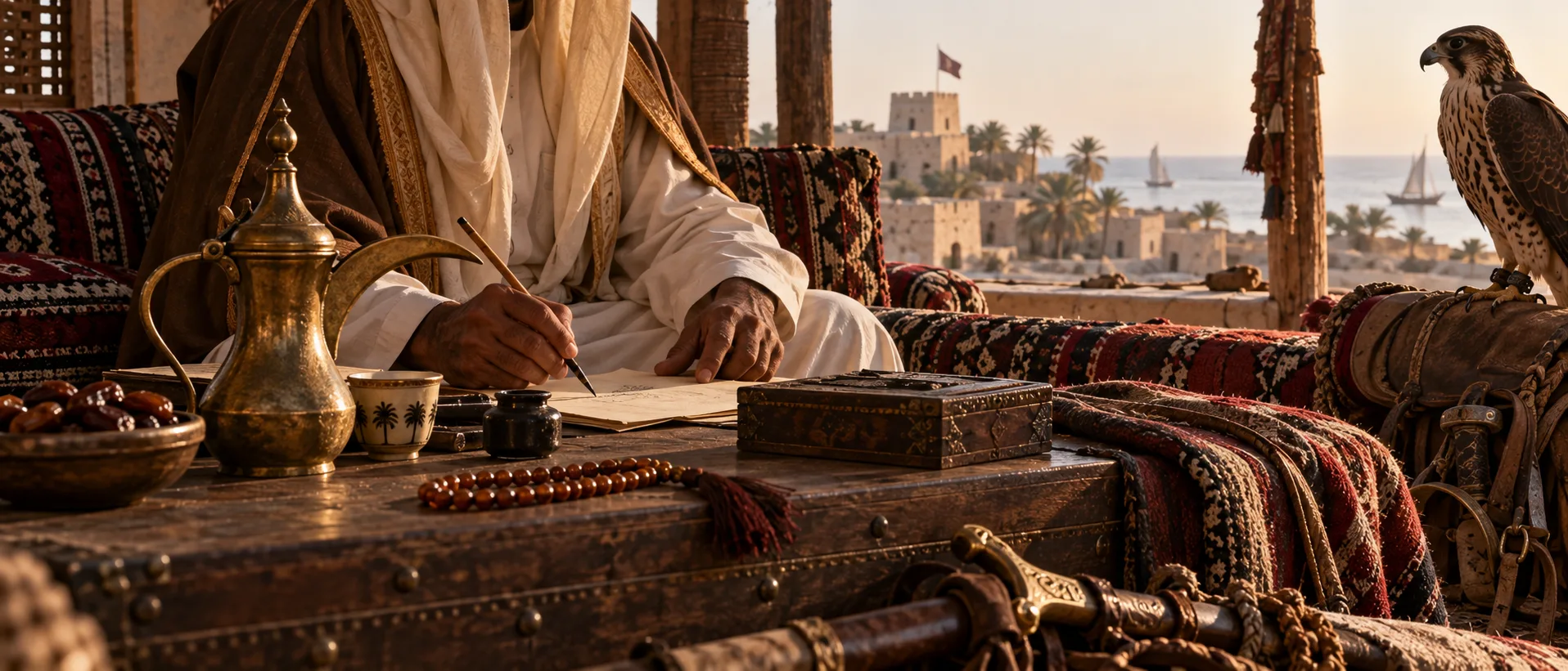مشهد تاريخي هادئ مستوحى من مجلس قطري في زمن الشيخ جاسم مع مخطوطة شعر نبطي وأدوات فروسية وصيد