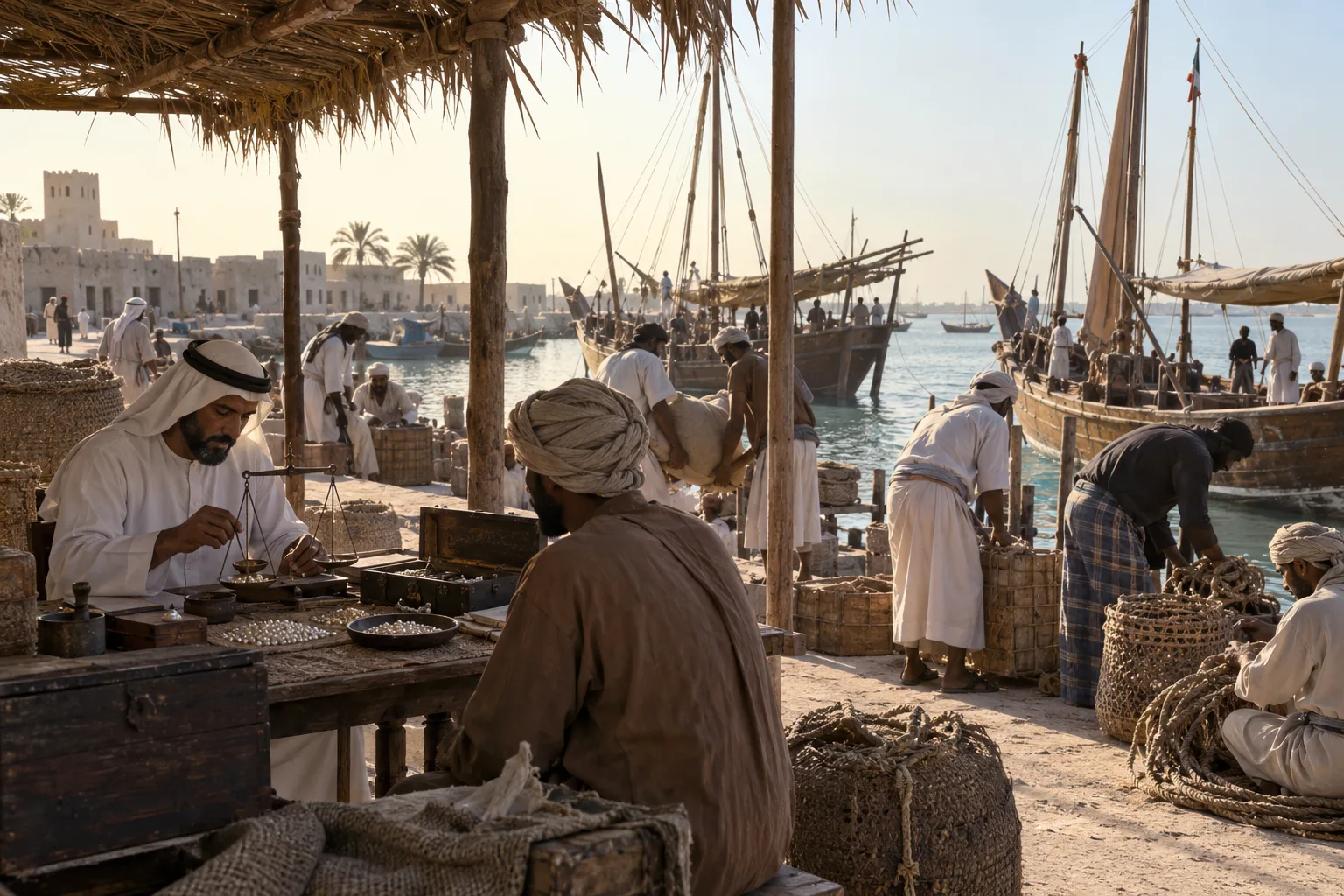 مشهد وثائقي تاريخي لساحل قطر في أواخر القرن التاسع عشر مع سفن لؤلؤ وتجار وميناء بسيط يرمز لاقتصاد عهد الشيخ جاسم