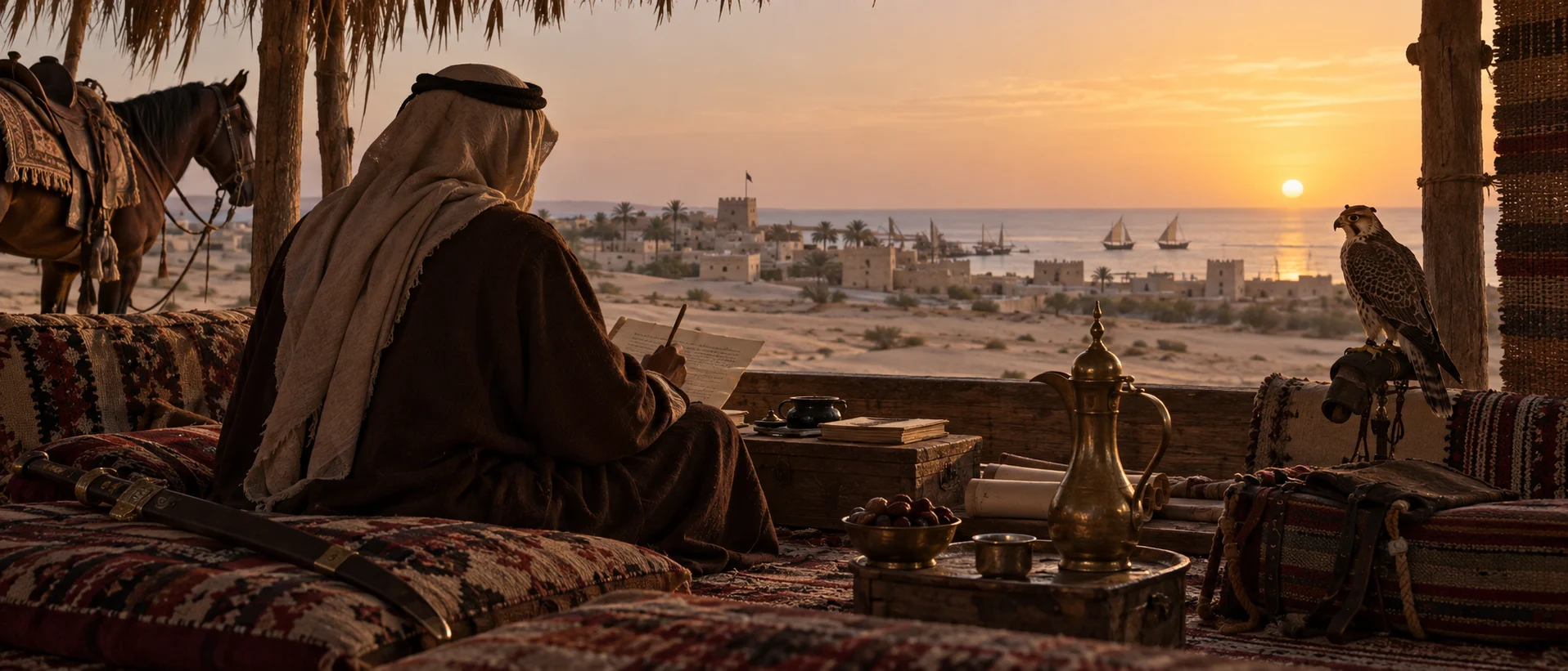 Historically sensitive silhouette of Sheikh Jassim era Qatari leader writing Nabati poetry in a desert majlis with horse and falconry details