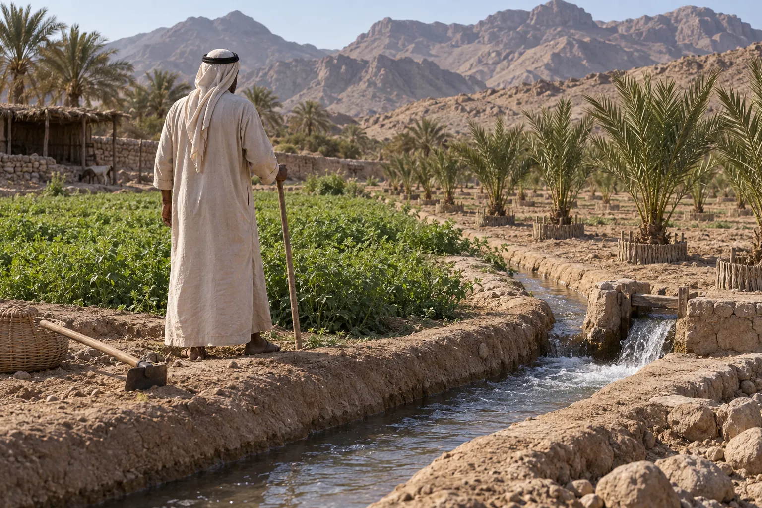 1947-style agricultural development with irrigation, lucerne and young date palms