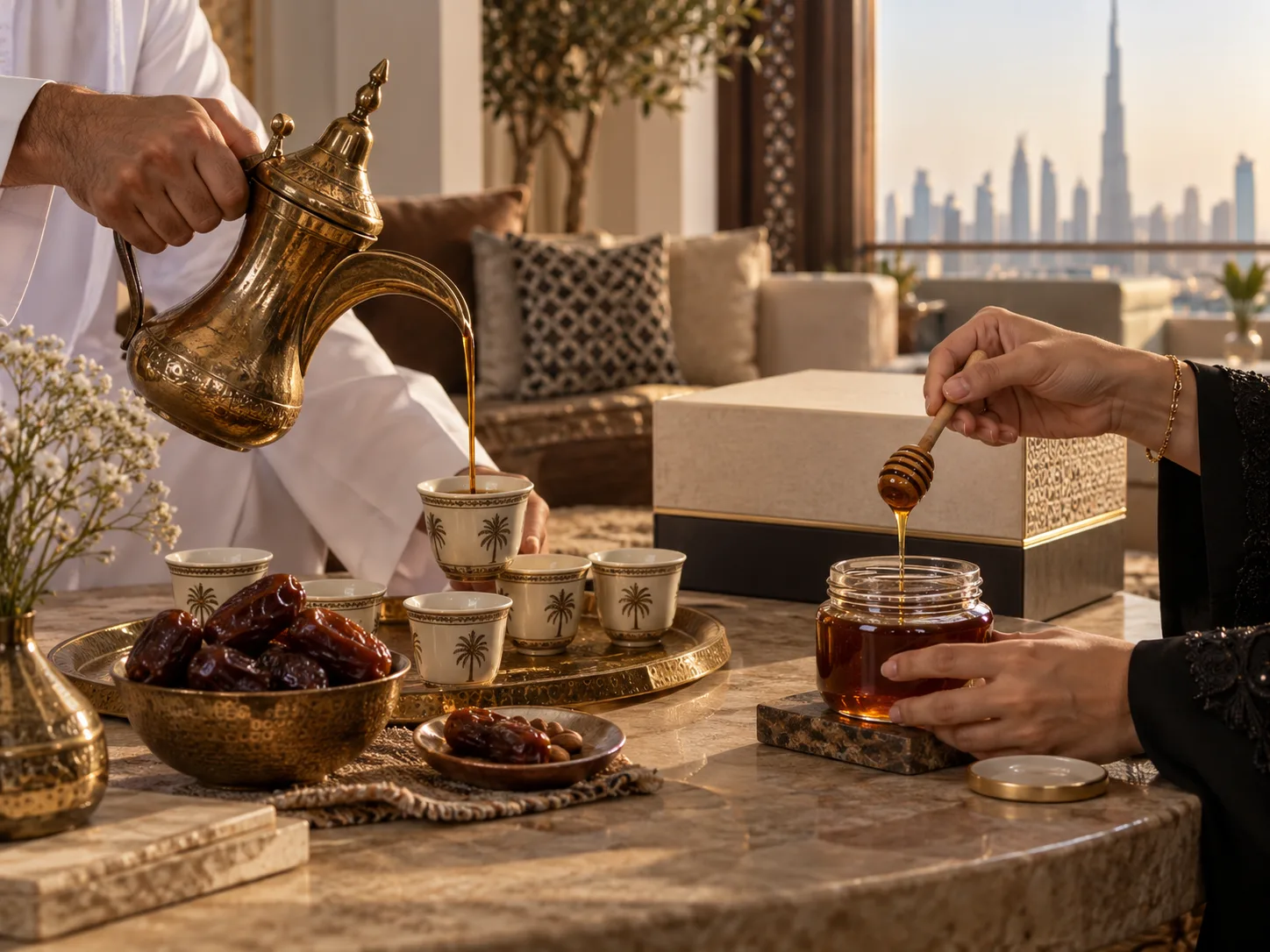Arabic coffee, dates and raw honey beside a refined Dubai gift box showing how Gulf hospitality moved from simple table to modern luxury presentation