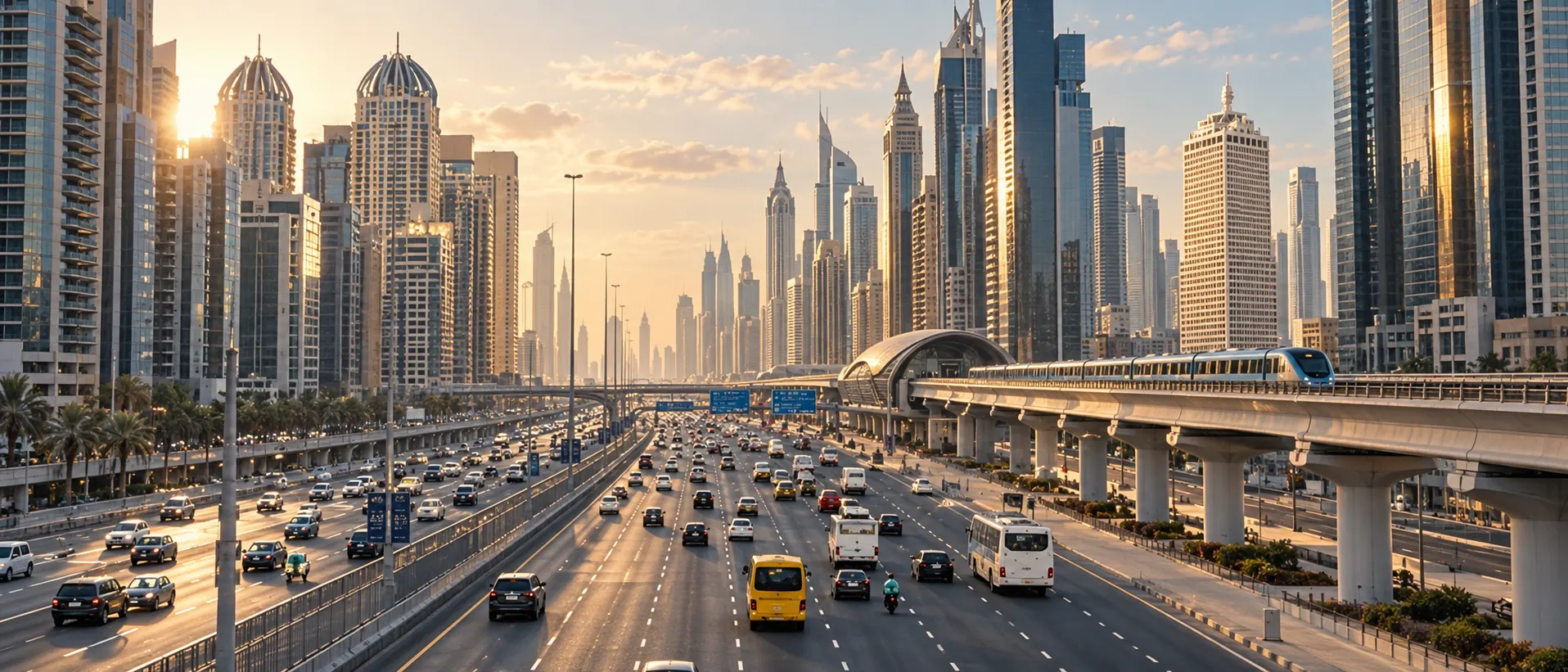 Modern Sheikh Zayed Road in Dubai with Dubai World Trade Centre, Metro tracks and dense towers showing decades of urban growth