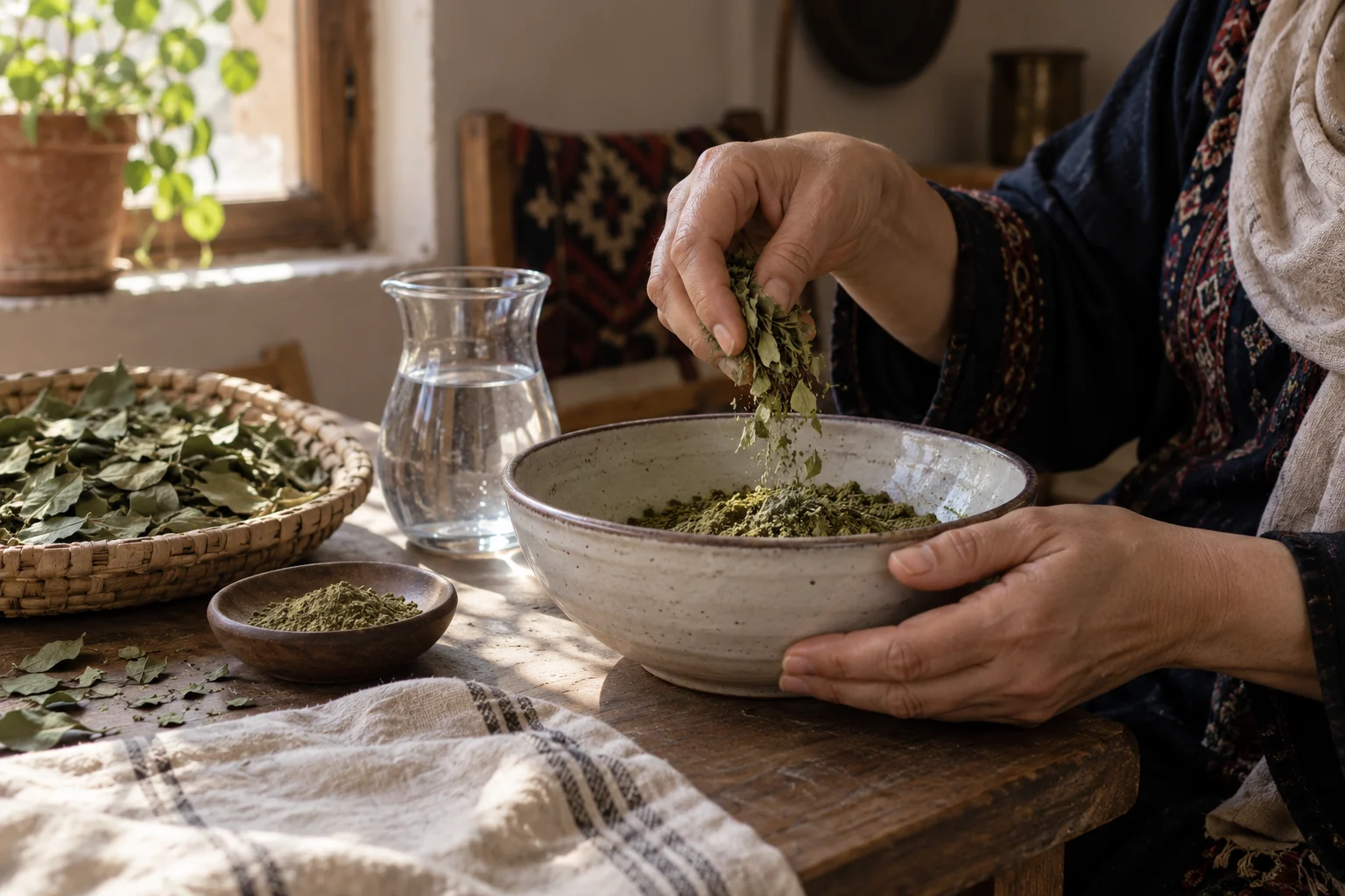 Hands preparing traditional Sidr leaf powder in a home setting