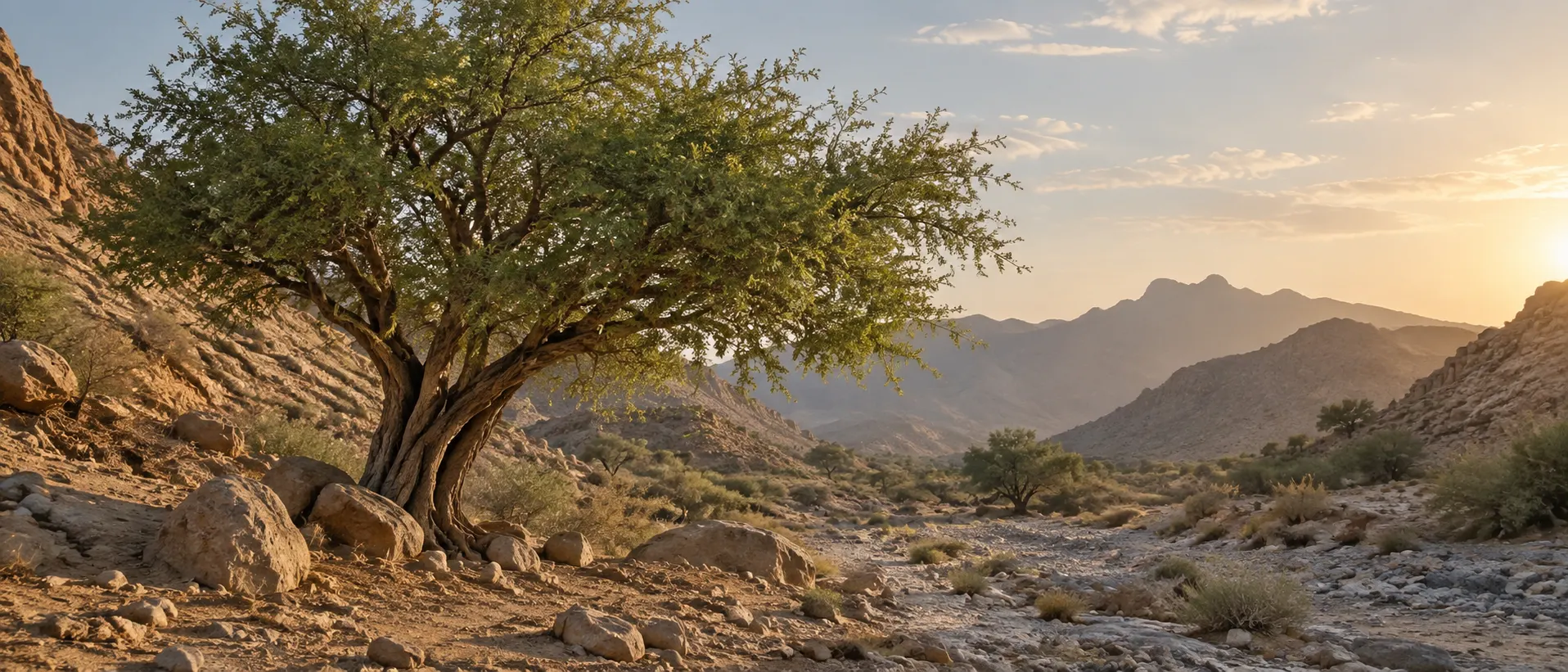 أغصان شجرة السدر وأوراقها في مشهد عربي جاف