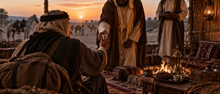 Documentary scene of a traveller arriving at a simple desert majlis where coffee, dates and water are being offered
