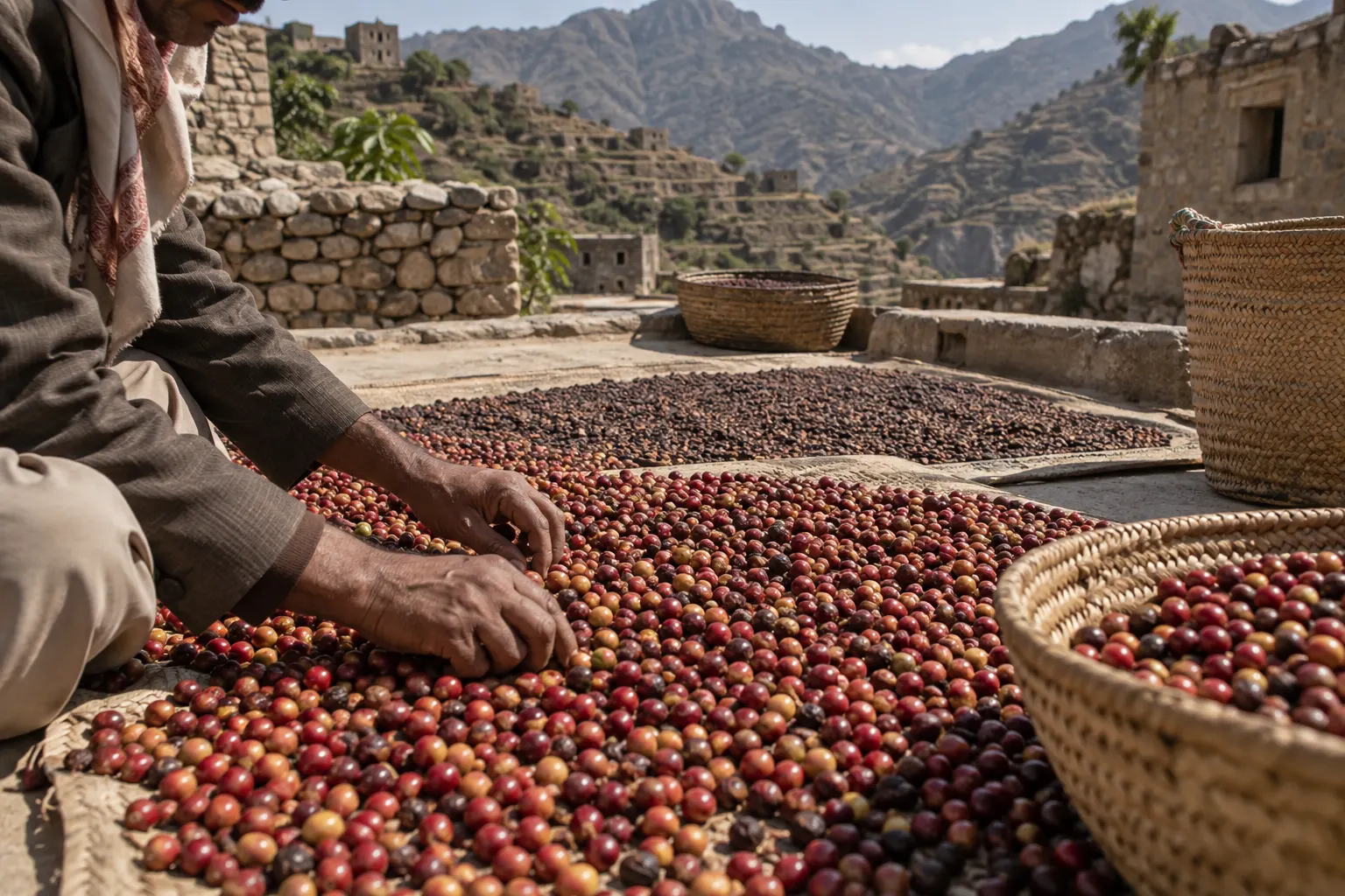 Traditional Yemeni coffee cherries drying in a mountain village courtyard with stone terraces visible behind