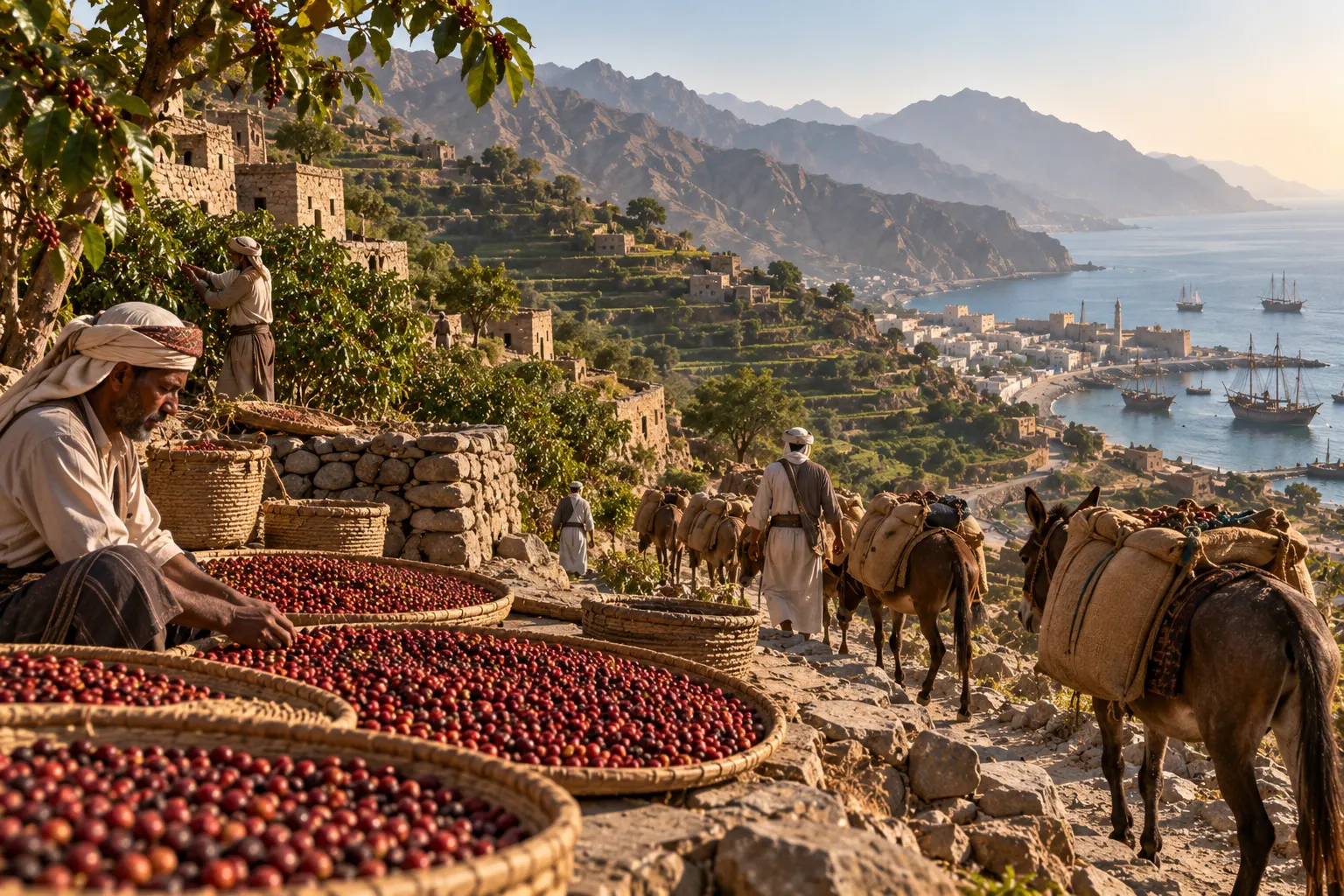 Documentary scene of Yemeni mountain coffee terraces with dried cherries and caravan connection to the port of Mocha
