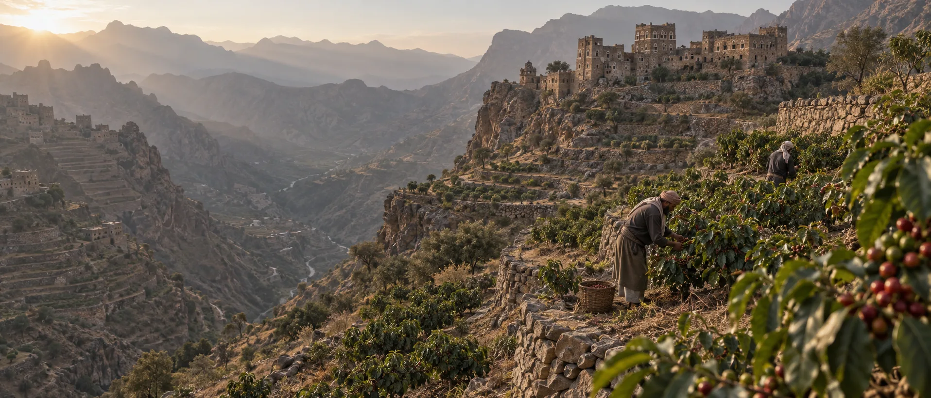 Yemeni coffee terraces climbing a mountain in warm natural light with farmers tending Coffea arabica trees
